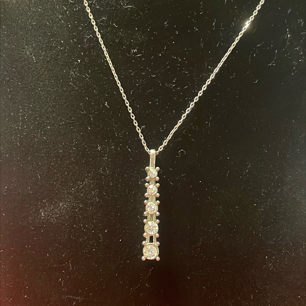 Vintage Silver Tone Lined Up Rhinestones Necklace 18 inch by Avon